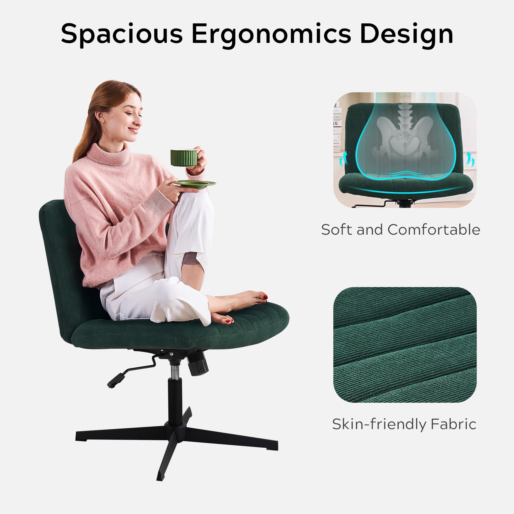 EYYTHUNG Armless Velvet Mid-Back Office Chair, Adjustable Seat and Cushion, Dark Green (Set of 1)