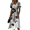 thumbnail image 3 of Women's V Neck Short Sleeve Dress Vintage Floral Print A Line Midi Casual Summer Outfit Flowy Lightweight Party Wear Vacation Going Out Chic Womens Dress Dark Gray L, 3 of 6