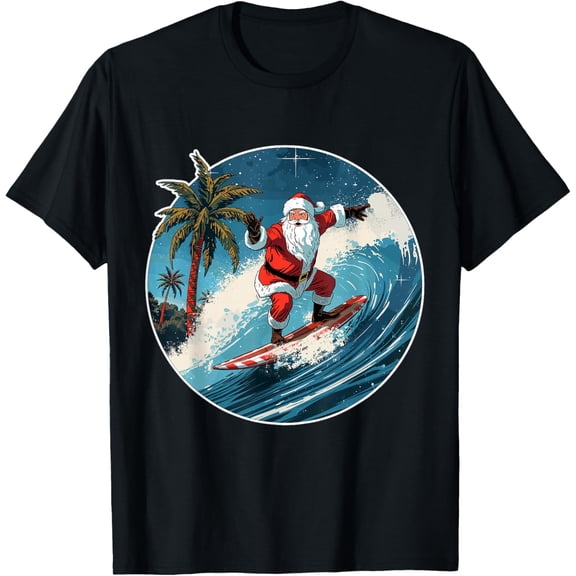 Santa Surf Beach Tropical Wave Board Christmas in July T-Shirt