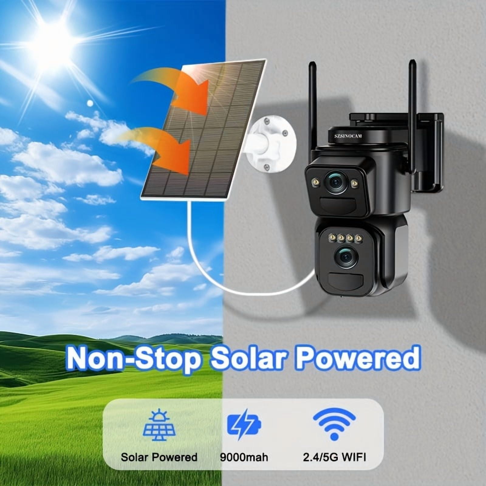 High Quality [10x Zoom] 360-degree Low-power CCTV Solar Panel Battery 2K WiFi Camera with Spotlight Alarm, Motion Detection, Color Night Vision, Two-way Audio