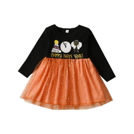 

Kids Girl Long Sleeves Dress New Year Letter Print Mesh A-Line Dress
