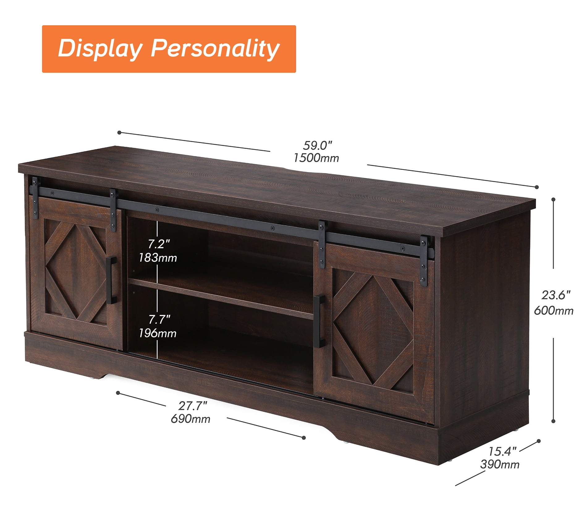 WAMPAT Farmhouse TV Stand with Sliding Barn Doors, Media Console with 3-Tier Adjustable Shelf for TVs up to 65", Rustic Wood Entertainment Center for Living Room,Rustic Brown