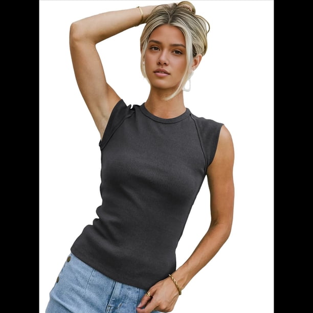 Camiseta de Tirantes de Punto Básica Informal de Canalé con Mangas de Verano para Mujer, Gris Oscuro, Talla XL