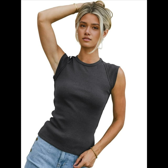 Camiseta de Tirantes de Punto Básica Informal de Verano con Mangas y Corte Entallado para Mujer, Color Gris Oscuro L