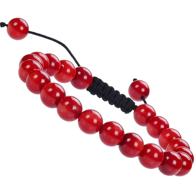 Natural Healing Power Gemstone Crystal Beads Unisex Adjustable Macrame Bracelets 8mm,Coral Red