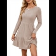 thumbnail image 3 of Vestido Corto Informal de Otoño de Larga para Mujer, de Punto Acanalado, Cuello Redondo, Fluido, Corte A, con Bolsillos Caqui L, 3 of 8