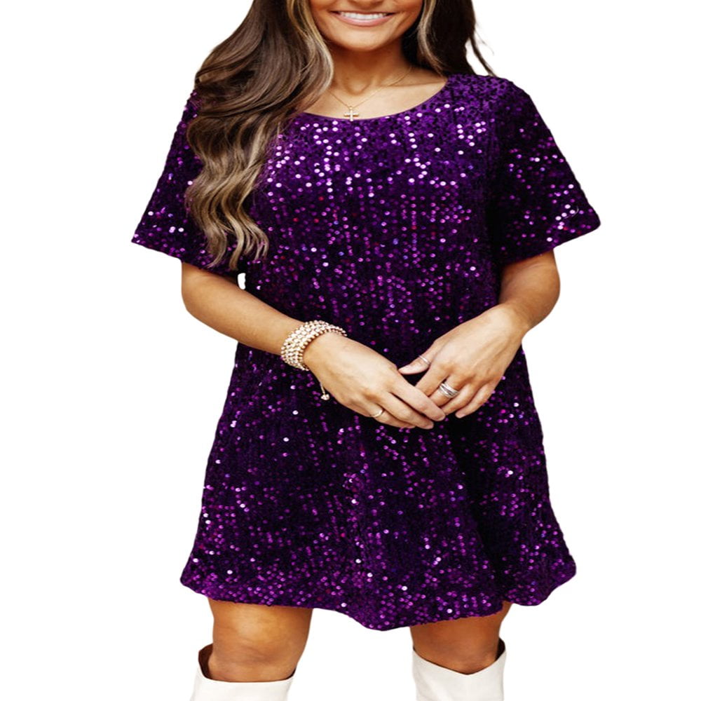 Women Glitter Sequin Loose Shirt Dress Short Sleeve Babydoll Sparkly A line Mini Dress Casual Concert Party Clubwear Walmart