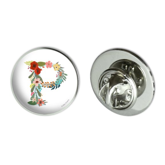 Letter P Floral Monogram Initial Metal 0.75" Lapel Hat Pin Tie Tack Pinback