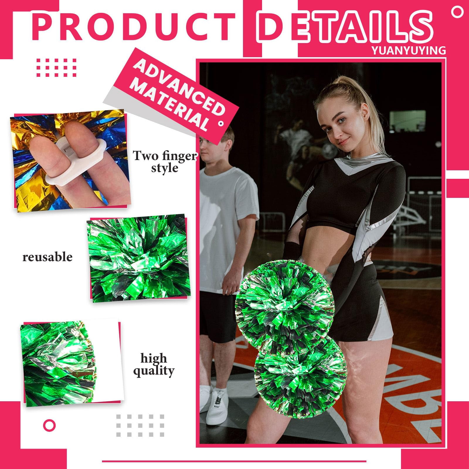 Cheerleading Poms 14 Pack, Handheld Cheerleading Pompoms for Basketball Football Volleyball, Cheer Spirit Supplies, Metallic Streamers for Dance and Games