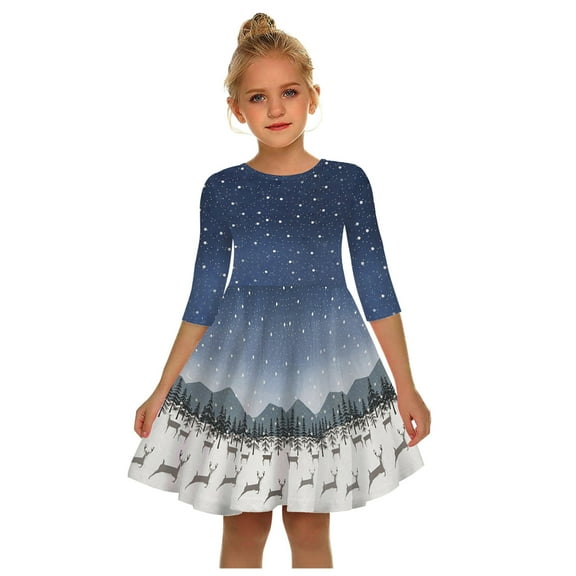 XEGLSBU Girls Dresses Size 12-14 Party Dress Toddler Baby Kids Girls Christmas Print Party Dress Princess Dresses Clothes Girls Dresses Size 10-12 Long Sleeve Blue Size 7-8 Years