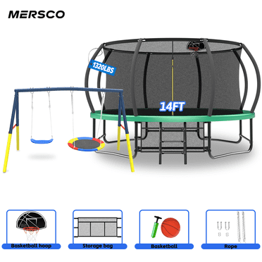 Mersco 14FT Heavy Duty Trampoline with Enclosure Net & Swing Set Outdoor Big Trampoline for Backyard, Kids Trampoline with Basketball Hoop, 1320LBS Capacity (Green)