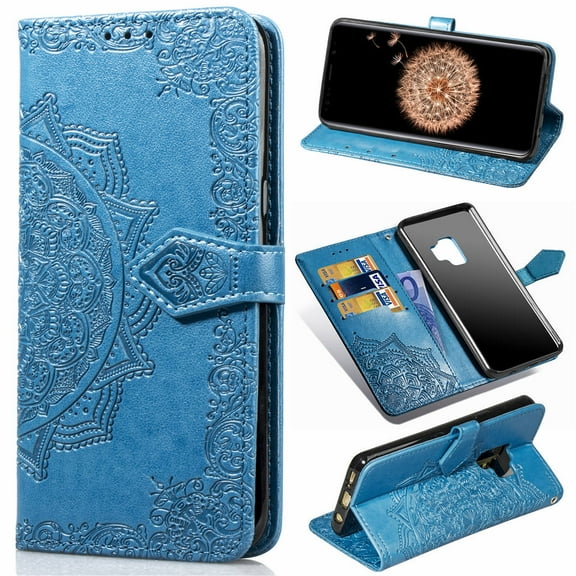 Galaxy S9 Wallet Cases and Covers, Allytech Slim Premium PU Flip Stand Cover Mandala Embossed Full Body Protection with Card Holder Magnetic Closure for Samsung Galaxy S9 Phone, Blue
