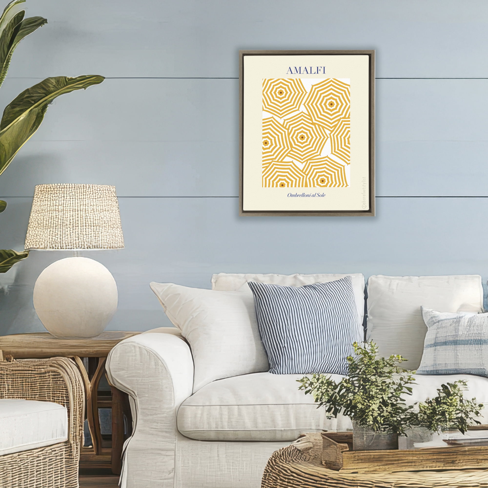 Stupell Industries Yellow Amalfi Umbrellas Brown Framed Floater Canvas Wall Art, design by A Barefoot Stylist