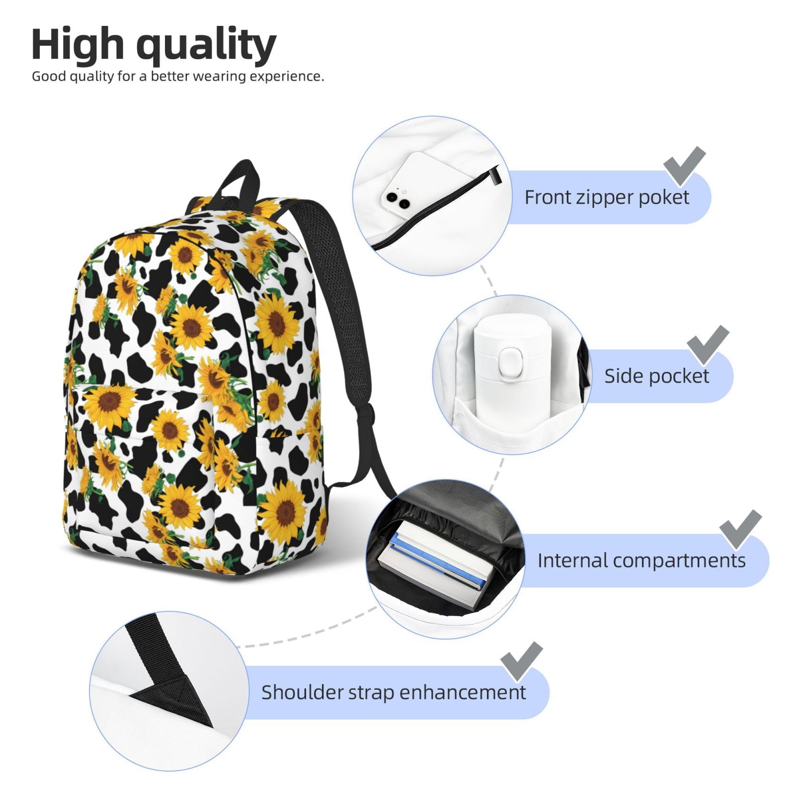 Rateoe Cute Cow Print Sunflower A Pattern Durable Canvas Backpack for Men & Women – Stylish & Lightweight – Adjustable Straps, Multiple Pockets – Fits 15-17 Inch LaptopsSmall