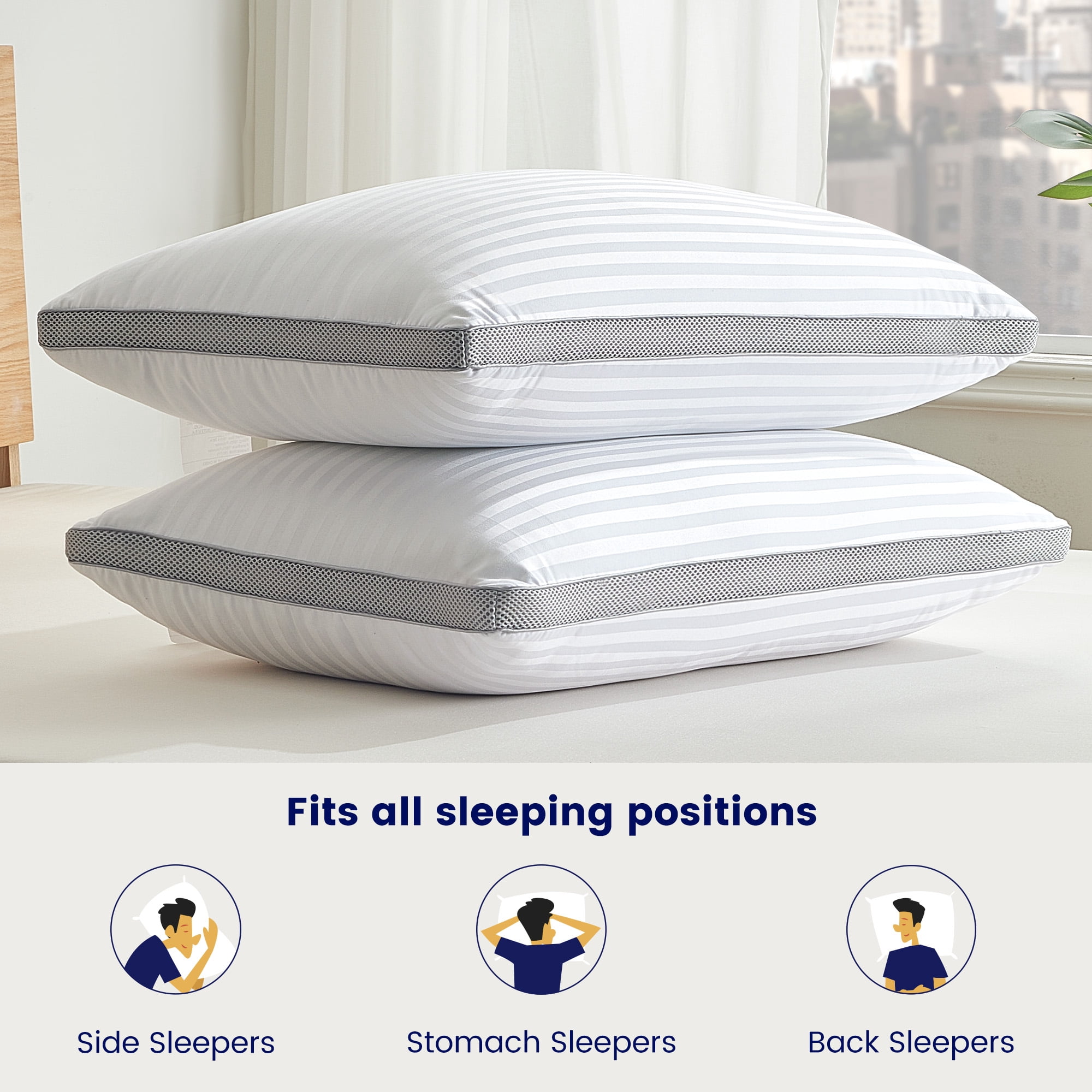 SLEEP ZONE Bed Pillows for Sleeping, Queen Size Set of 2, Sandwich Mesh with Breathable Sides, Premium Medium pillows for Back, Stomach or Side Sleepers