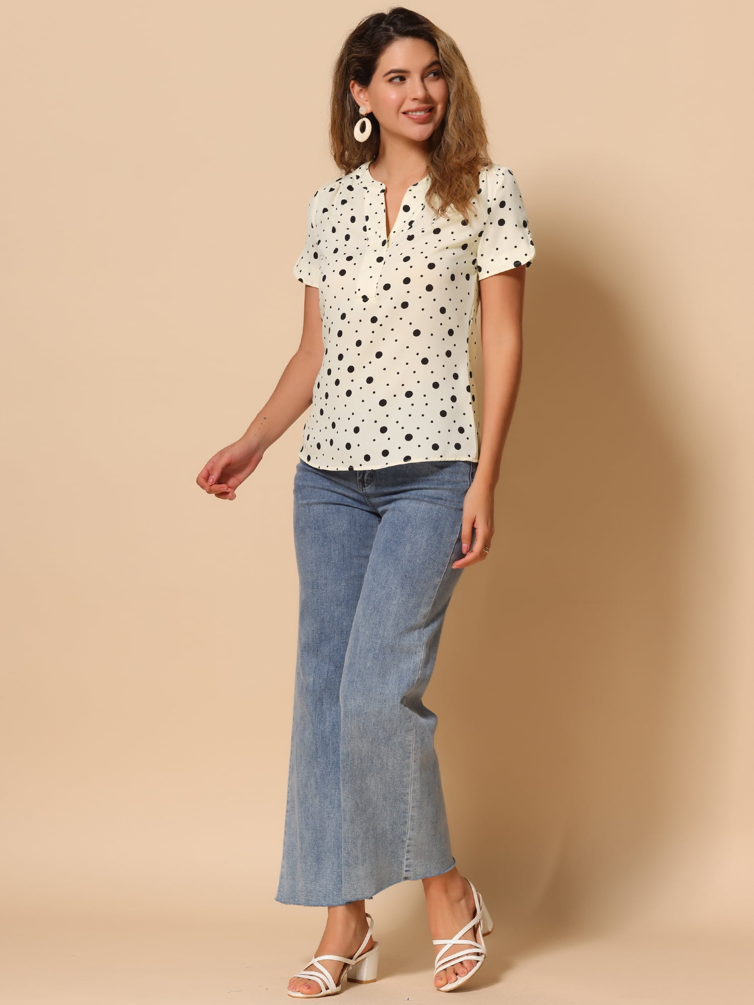 DARING DIVA V Neck Dots Printed Work Office Blouse Top M Black-Apricot