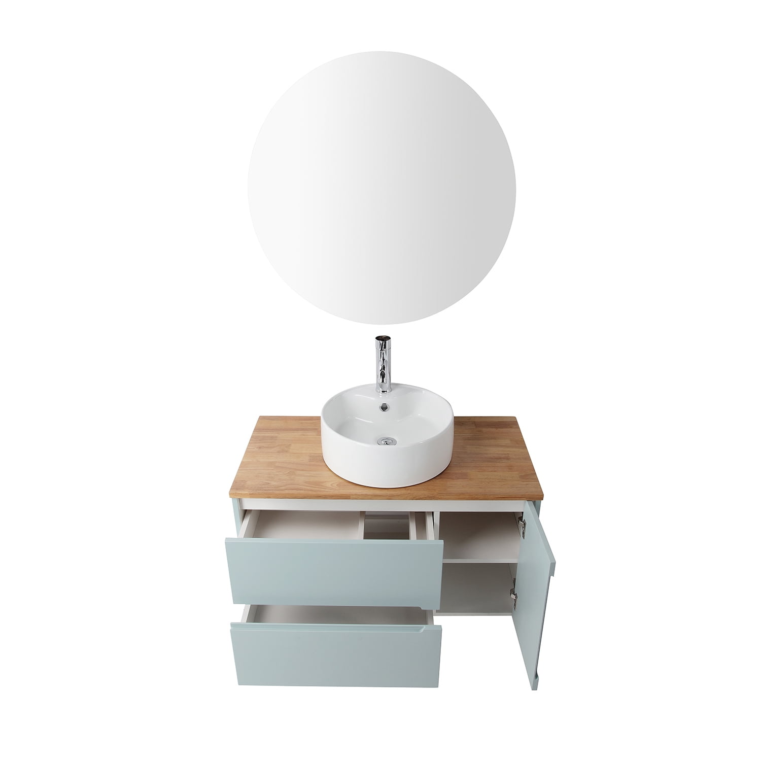 Demi Bonn 35" Single Door Wall Mounted Bathroom Vanities Cabinet with Ceramic Sink, 2 Drawers and Round Mirror, Faucets and Drains Not Included, Blue