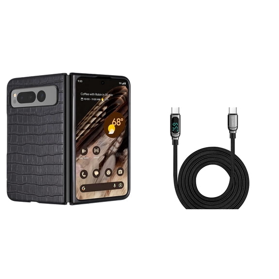 Bemz PU Leather Snap-On (Black) Phone Case for Google Pixel Fold with Digital LED Display Fast Charging USB-C to USB-C Cable (3.3 Feet)