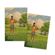 Painterly, Lady Golfer and Cart (4x6 Birch Wood Postcards, 2-Pack Stationary, Rustic Home Wall Decor)