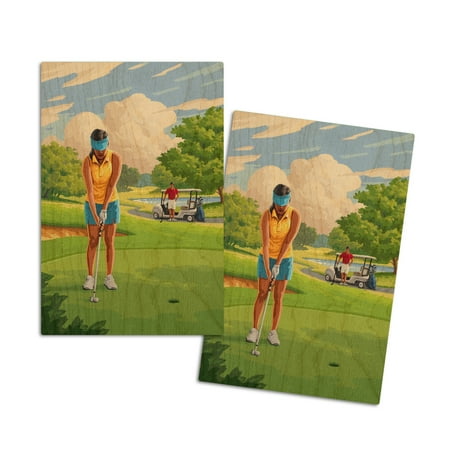 Painterly, Lady Golfer and Cart (4x6 Birch Wood Postcards, 2-Pack Stationary, Rustic Home Wall Decor)
