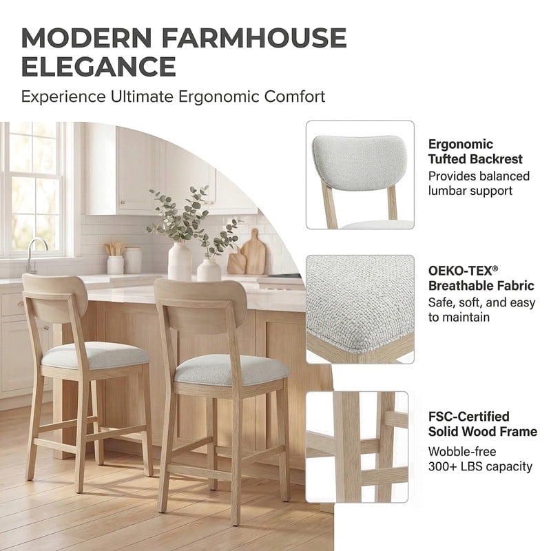 COLAMY Set of 4 Counter Height Bar Stools, Solid Wood Upholstered Barstools with Backrest, Modern Farmhouse Fabric Kitchen Island Stools，Natural