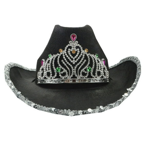 Farfi Women Cowboy Hat Rhinestones Inlay Crown Shiny Sequined Hat Brim Western-Themed Night Party Ladies Fancy Dress Festival Cowboy Costume Accessories (Black)