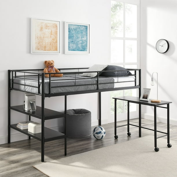 Walker Edison Twin Metal Loft Bed With, Low Loft Bed With Storage And Desk Top