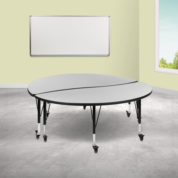 BizChair 2 Piece 60" Circle Wave Flexible Grey Thermal Laminate Activity Table Set - Height Adjustable Short Legs