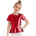 thumbnail image 3 of inlzdz Toddler Girls Metallic Ruffle Hem Top Kids Short Sleeve Sparkly T-shirt Jazz Dance Shirt Peplum Tee Red 120, 3 of 5