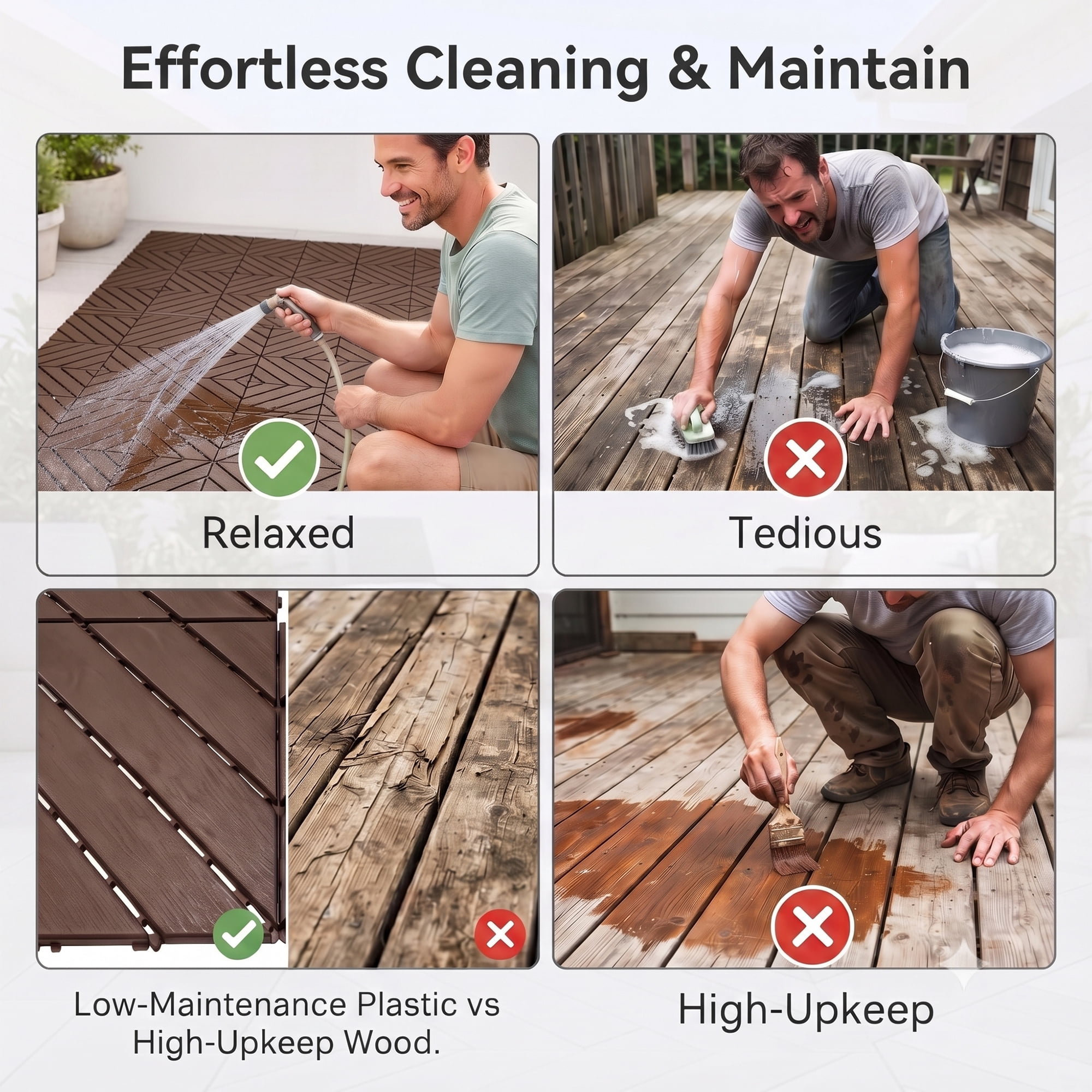 Interlocking Deck Tiles 12x12 in, Waterproof Non-Slip Outdoor Patio Flooring with Drainage Design, Snap Together Tiles for Poolside Porch Garden Backyard, Brown, 44pcs