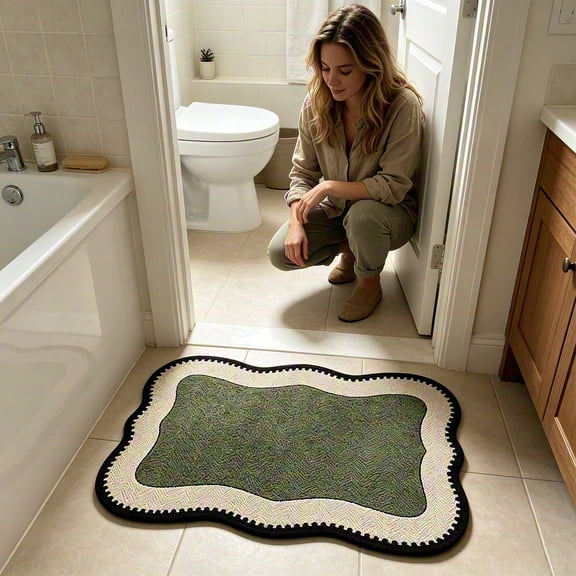 Green Bath Mat, Wavy Scalloped Scalloped Shower Mat, Vintage Sage Green Irregular Soft Absorbent Non Slip Bathroom Floor Rug For Entryway Home Green Bathroom Decor