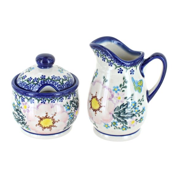 Blue Rose Polish Pottery Apple Blossom Cream & Sugar Set
