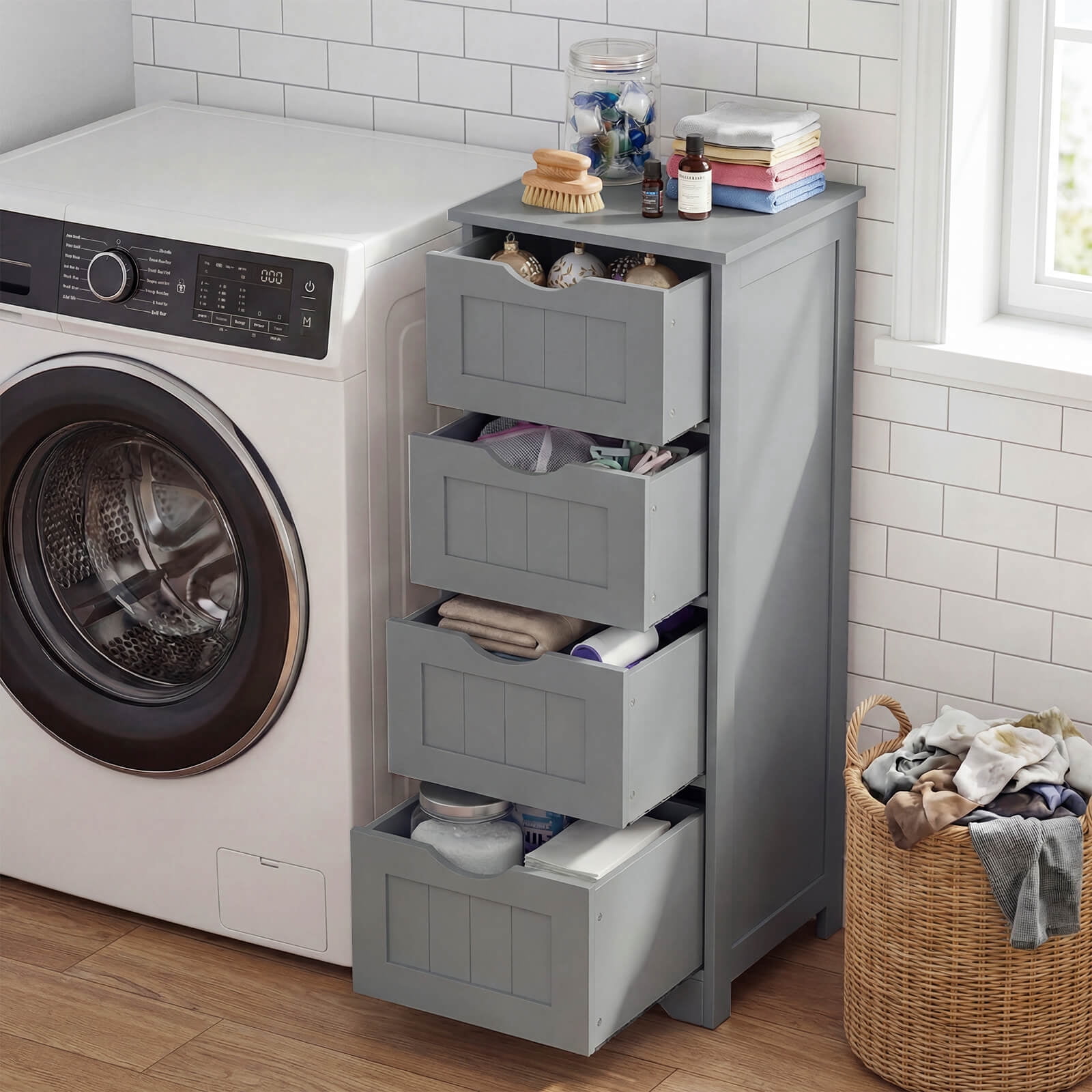 Costway 32.5'' Bathroom Floor Cabinet with Anti-tipping Device Freestanding Towel Cabinet Gray