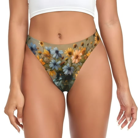 Qokaie Charming Daisy Bouquet Art Printed Women s Cotton Thong Underwear  Sexy Breathable Panties G-string-Small