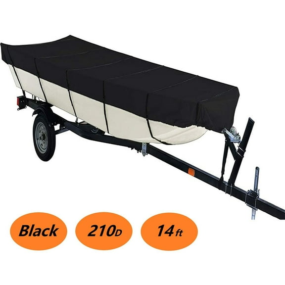 Labwork Jon Boat Cover 14ft x 70in, 210 Denier Polyester Waterproof Heavy Duty Black Boat Cover with Adjustable Straps