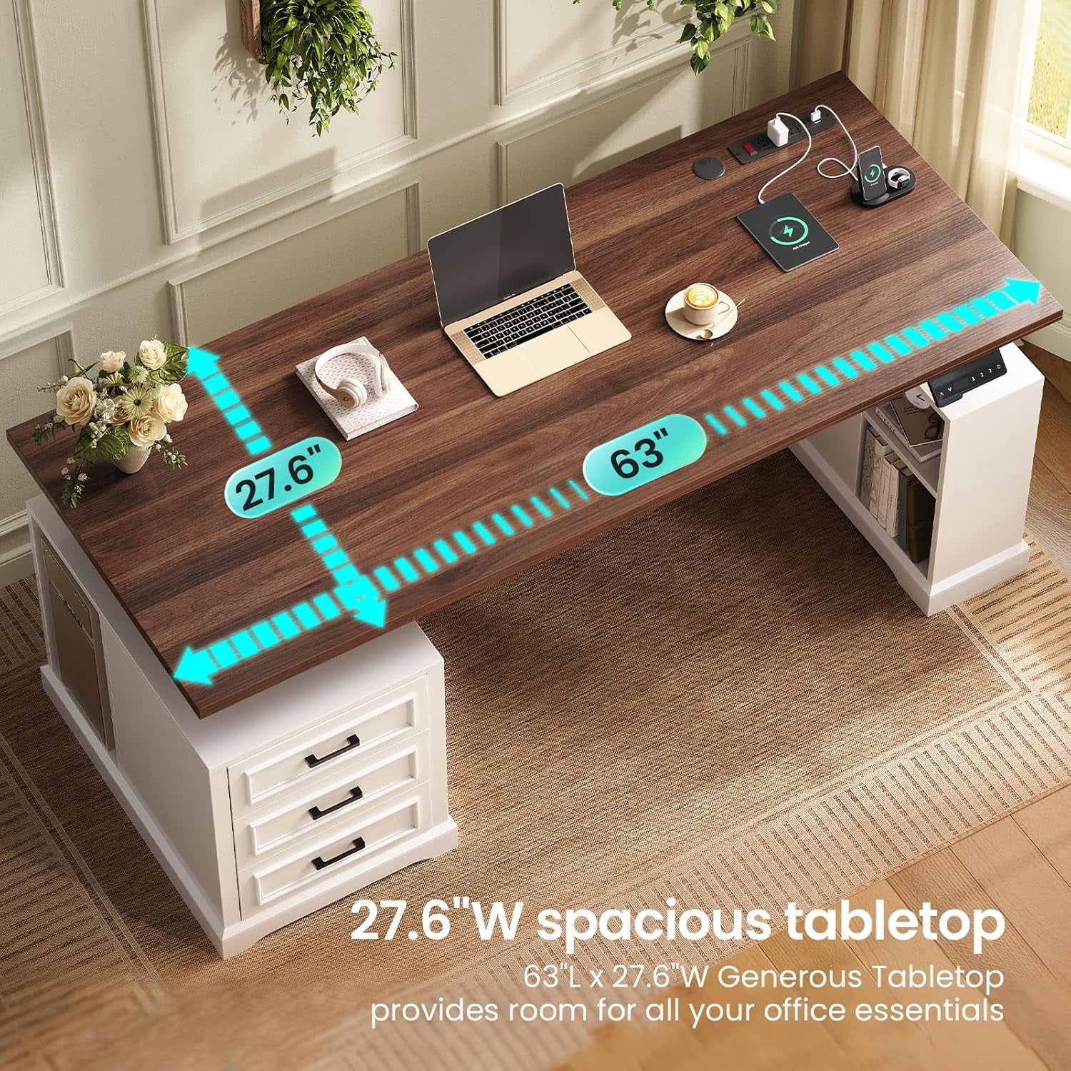 Standing Desk with 3 Wood Drawers, Farmhouse Computer Desk with Power Outlets & Open Shelves, 63" Height Adjustable Home Office Desk, Stand Up Desk with Storage, White