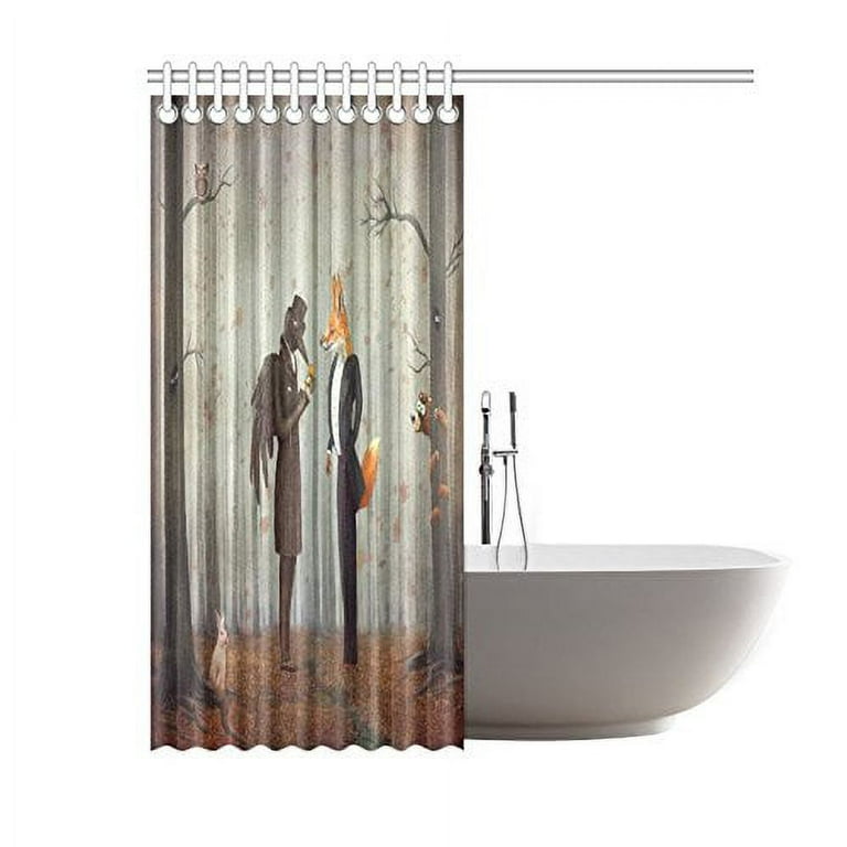 WOPOP Forest Raven Fox Shower Curtain Hooks 60x72 inches Orange Fabric  Fairy Tales Raven and Fox in A Dark Forest Looking at the Watch with Rabbit  Owl Bear Autumn Art 
