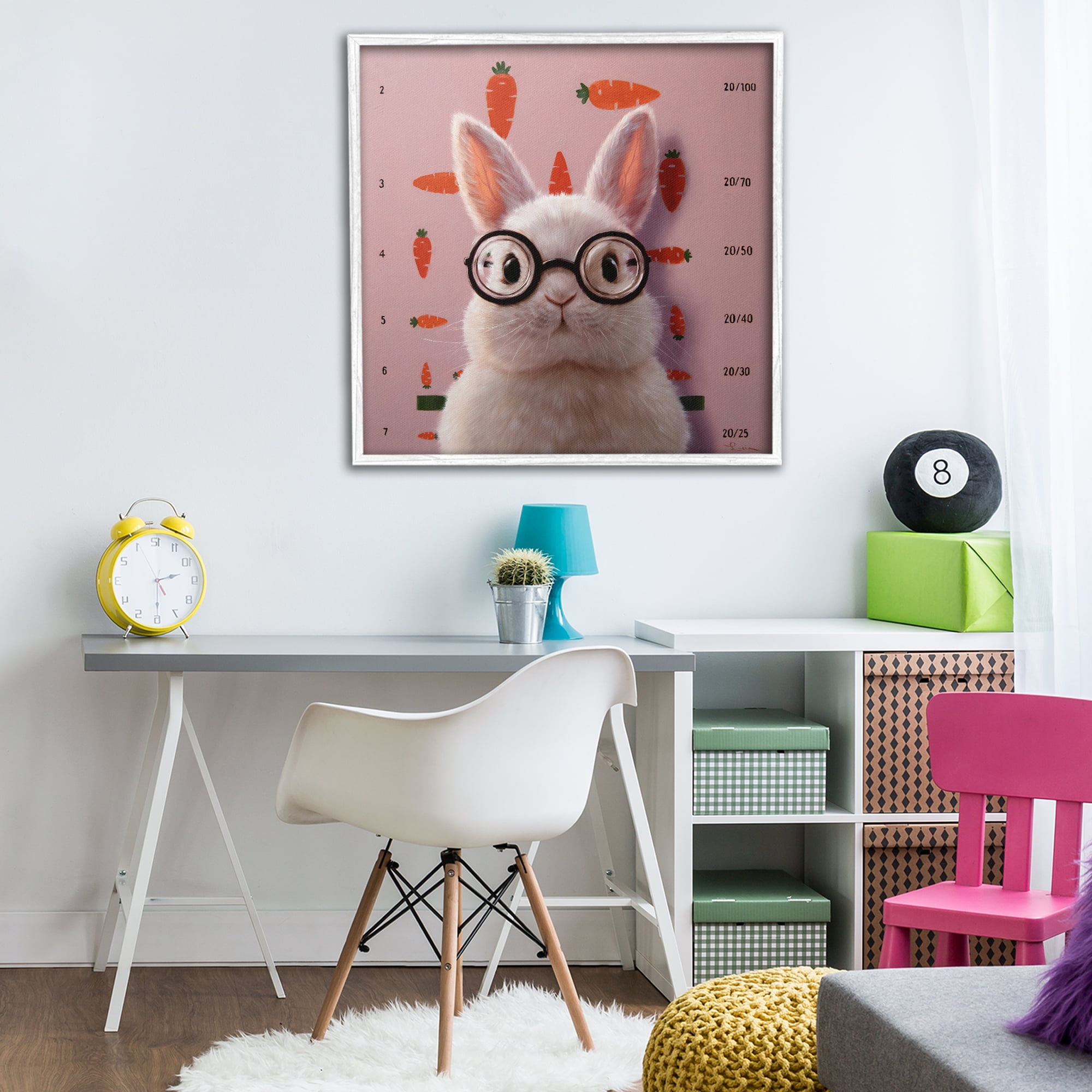 Bunny & Carrots Eye Exam White Framed Giclee Art, design by Lucia Heffernan
