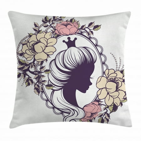 Queen Throw Pillow Cushion Cover, Young Princess Portrait Silhouette in Floral Frame Feminine Noble Woman, Decorative Square Accent Pillow Case, 24 X 24 Inches, Coral Sand Brown Black, by Ambesonne