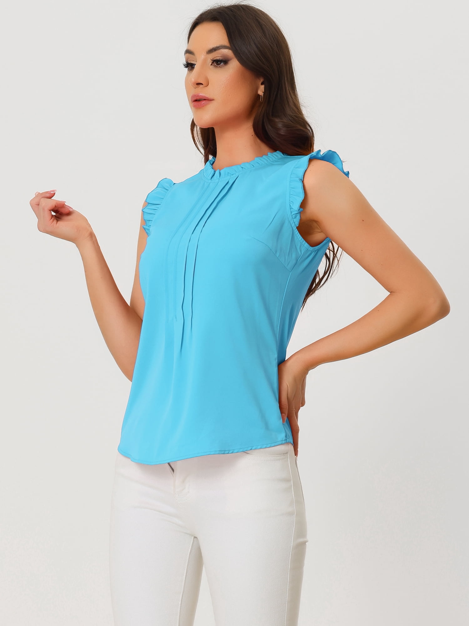 DARING DIVA Women's Ruffled Trim Pleated Plain Blouse Top M Sky Blue