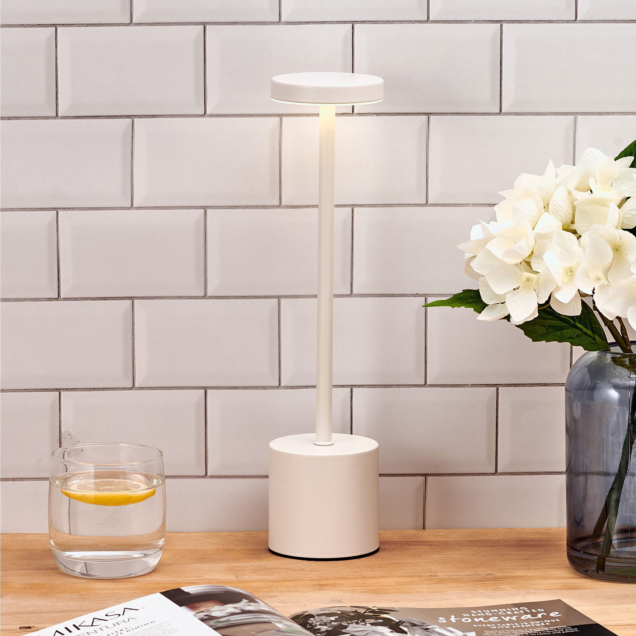 Home Accents 13.5 Inch LED Cordless Rechargeable Metal Table Lamp with Stepless Dimming, White