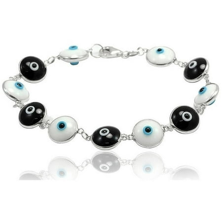 A Sterling Silver Evil Eye Bracelet, Black and White Beads