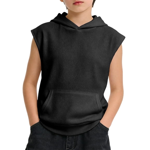 Kids Unisex Knit Sleeveless Shirts, Pocketed Hooded Tops for School & Outings, 5-14Y