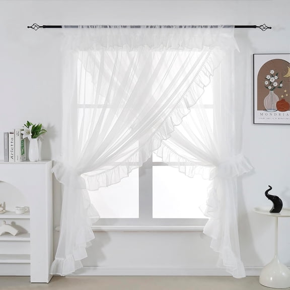 Shabby Chic Double Layer Sheer Ruffled Priscilla Rod Pocket Window Curtain Panel with Tiebacks White 100" W x 84" L