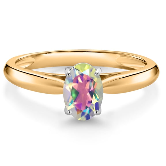 Gem Stone King 10K Yellow Gold Mercury Mist Mystic Topaz Solitaire Engagement Ring for Women (1.00 Cttw, Oval 7X5MM, Gemstone Birthstone, Size 6)