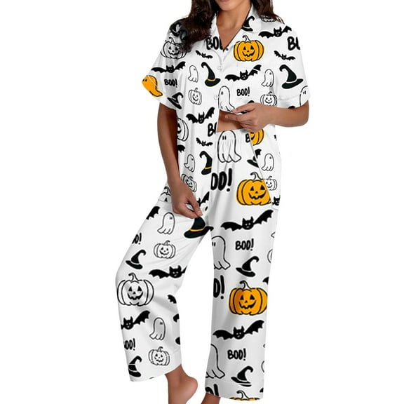 XIAONU Womens Pajama Sets Halloween Pumpkin Printed Short Sleeve Shirts And Long Pants Sleepwear Trendy Pajama Set Costume