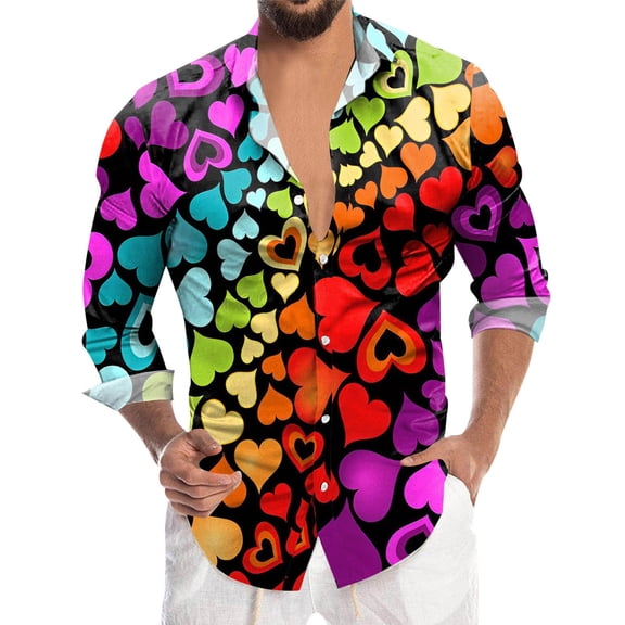 JHHLSF Mens Valentines Day Digital 3D Printed Button Lapel Long Sleeve Shirt Top Purple,3XL