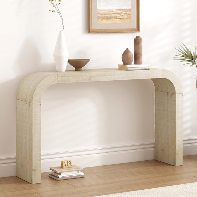 52" Wooden Console Table with Curved Edge, Farmhouse Entryway Table with Natural Texture, Narrow Sofa Table, Behind Couch Table for Living Room, Hallway, Entryway, Natural