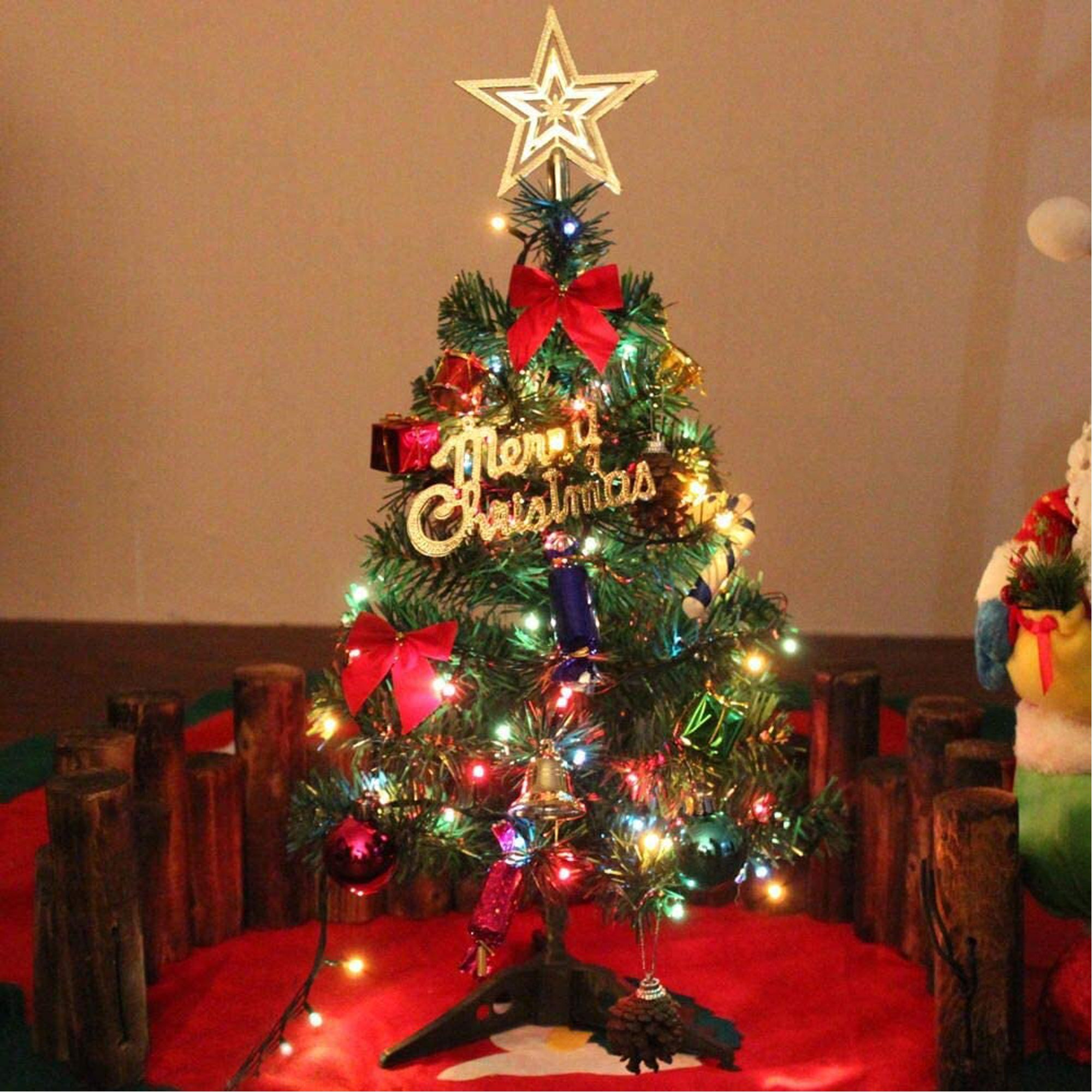 Wideskall 2 Feet Tabletop Artificial Mini Green Christmas Pine Tree with 30 Multi-Color LED Lights & Ornaments