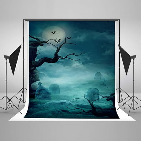 HelloDecor Polyester Fabric 5x7ft Halloween Photography Backdrops Graveyard Fog Bat Night Photo Backgrounds Backdrops